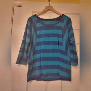 EUC Coldwater Creek Large soft 3/4 sleeve T, green and dark blue stripes !